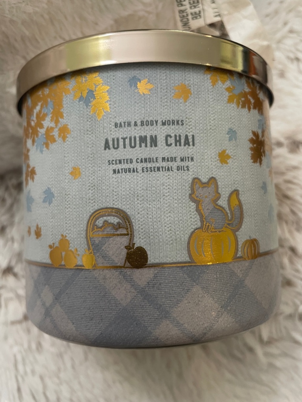 Bath & Body Works Autumn Chai Candle - Light Blue & Gold